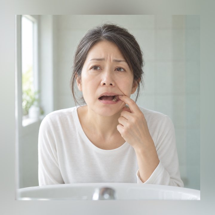 洗面所の鏡で奥歯の銀歯を確かめている女性